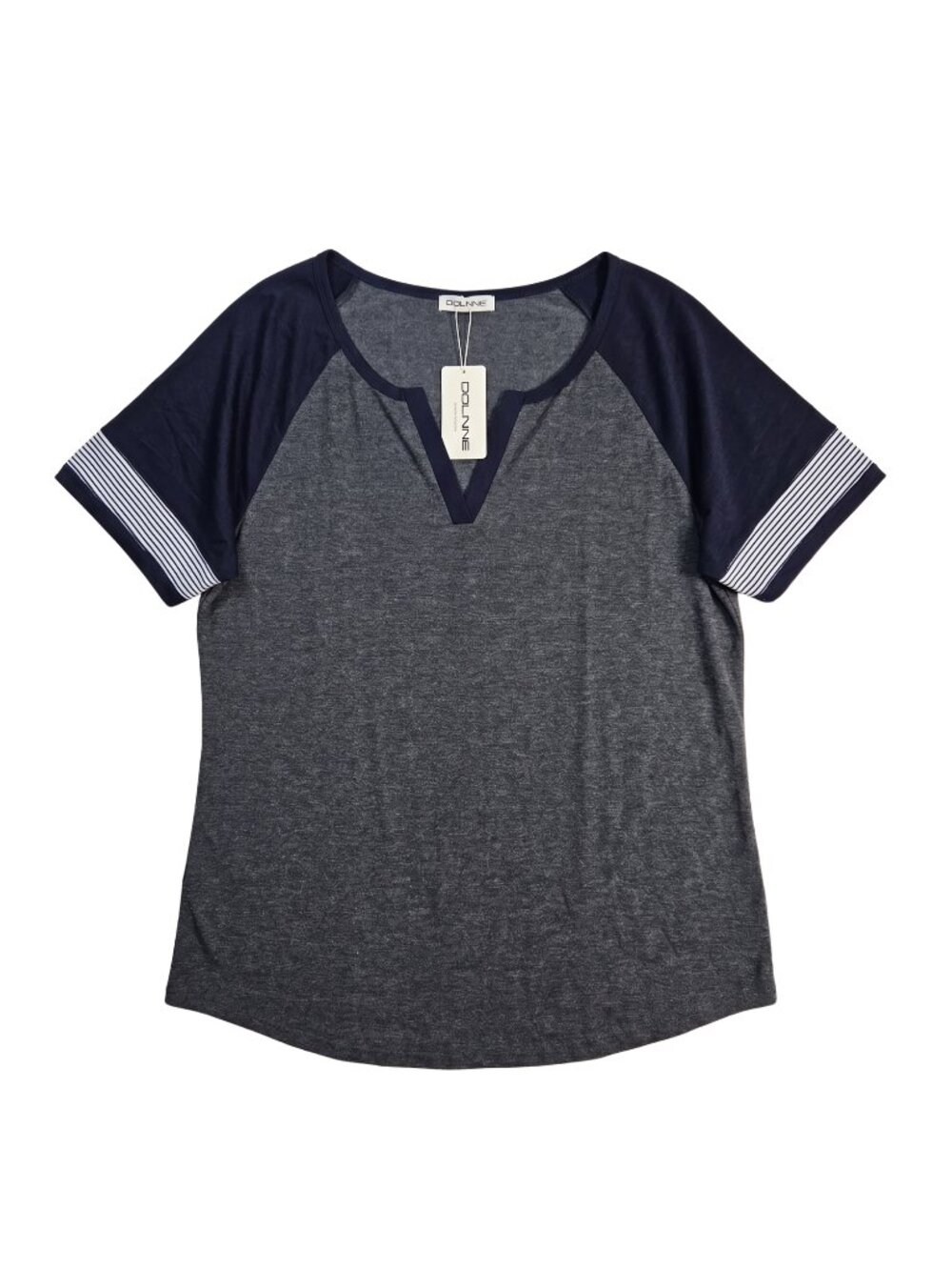 NWT | DOLNINE Gray Navy Stripe Raglan Sleeve V-Neck Plus Size Top Shirt | 20W